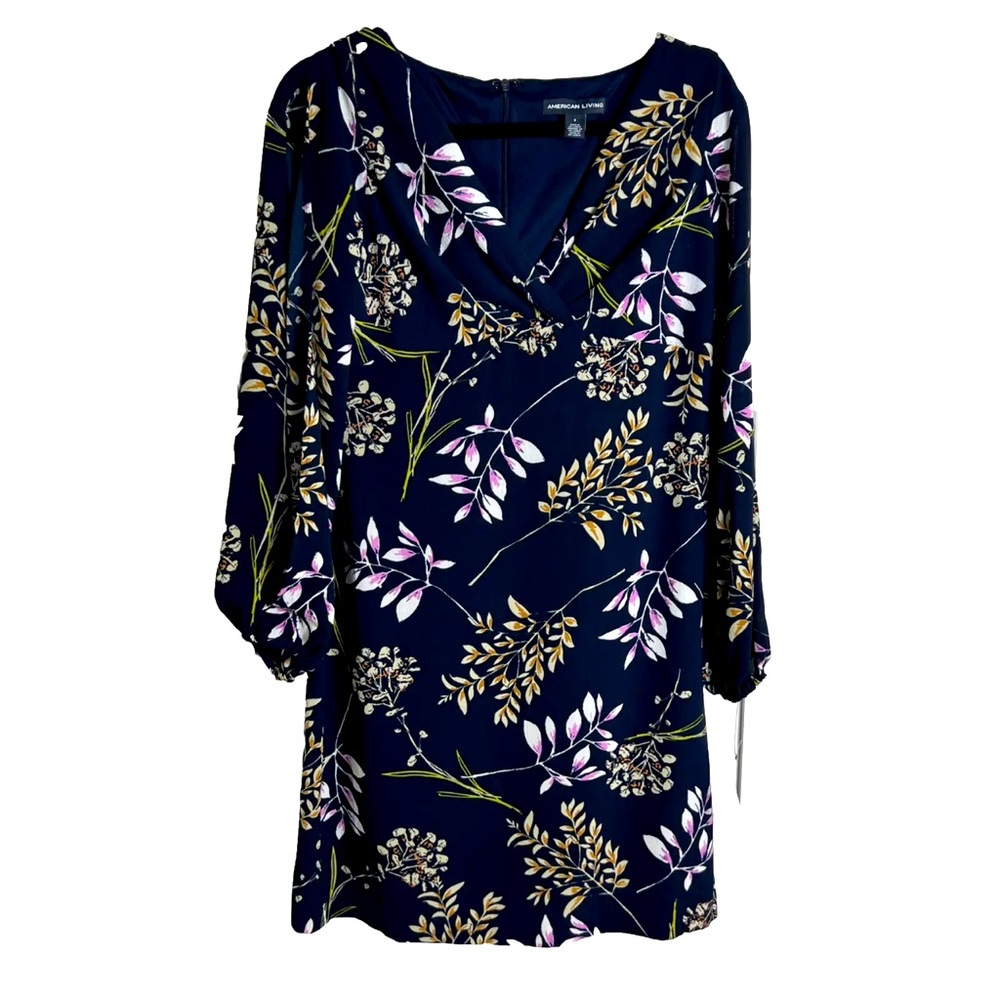 American Living Dress NWT 8 Navy Floral Long Knee Length V Neck